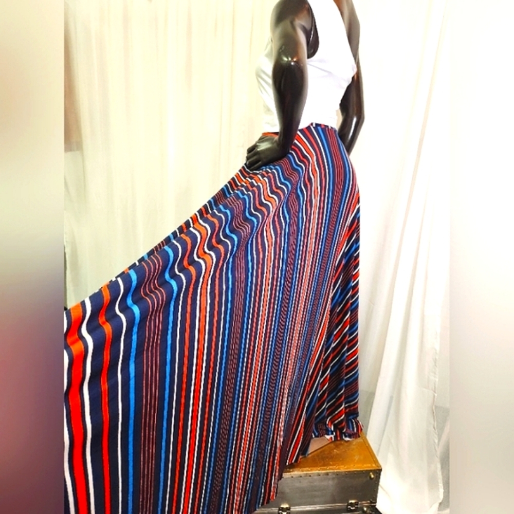 Striped Maxi Skirt With Ties. Custom Cut & Sewn. Mannequin Worn Only.